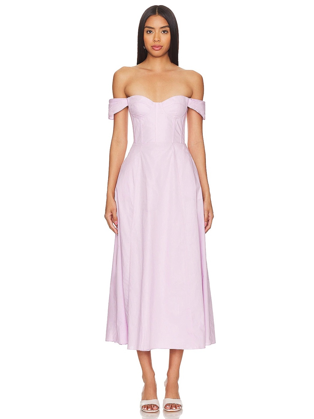 Bardot Off-Shoulder Magdelena Midi Dress in Lilac